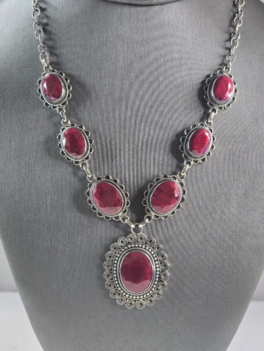 Womens Estate Sterling Silver Natural Ruby Pendant Necklace 46.4g E3032